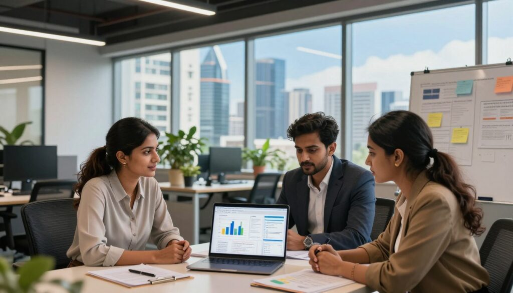 A professional workspace centered on the theme of selecting a technology stack for businesses in India. In the foreground, a diverse group of three professionals—an Indian woman in a formal blouse, an Indian man in a smart jacket, and a South Asian woman in casual business attire—are engaged in a discussion around a laptop displaying charts and software architecture diagrams. The middle ground features a sleek modern office with plants and a whiteboard filled with notes. In the background, large windows reveal a cityscape of modern Indian skyscrapers under a bright blue sky. The lighting is warm and inviting, creating a collaborative and innovative atmosphere. Use a wide-angle lens for depth and clarity.