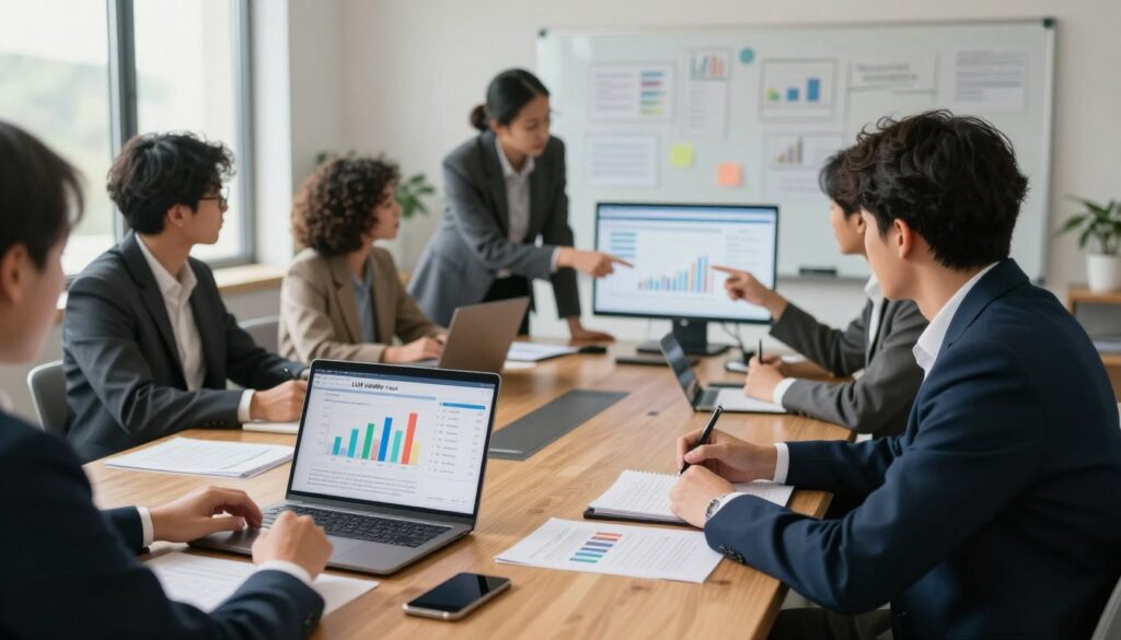 A professional workspace with a large wooden conference table at the center, surrounded by diverse individuals in business attire engaged in a collaborative audit session. In the foreground, a laptop displays colorful graphs and data analytics related to LLM visibility, with notes and documents scattered across the table. In the middle ground, people are actively discussing, pointing at the screen, and taking notes, showcasing a dynamic and engaged atmosphere. The background features a large whiteboard filled with brainstorming ideas and digital metrics. Soft, natural light floods the room through large windows, creating an open and inviting atmosphere, while a shallow depth of field gently blurs the background, focusing attention on the collaboration in the foreground.