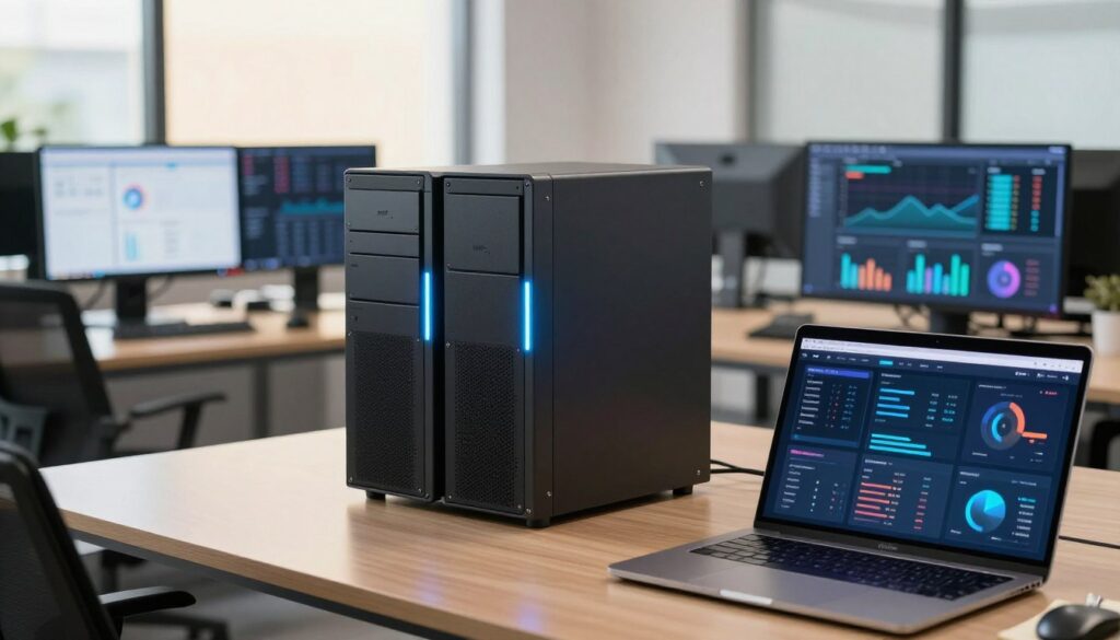 A sleek, modern MCP server setup positioned in a professional office environment, showcasing a vibrant digital dashboard displaying analytics and marketing metrics. In the foreground, a polished desk with a laptop and notepad, hinting at a marketer's workspace. The middle ground features the MCP server with glowing LED lights, indicating activity, surrounded by digital screens showing charts and graphs. In the background, large windows let in natural light, illuminating the space with a warm glow, creating an atmosphere of innovation and productivity. The composition captures a sense of focus and forward-thinking, using a slight overhead angle to emphasize the sophisticated technology. The image should be well-lit, with a clear depth of field, highlighting the server's details while softening the background elements. A sleek, modern MCP server setup positioned in a professional office environment, showcasing a vibrant digital dashboard displaying analytics and marketing metrics. In the foreground, a polished desk with a laptop and notepad, hinting at a marketer's workspace. The middle ground features the MCP server with glowing LED lights, indicating activity, surrounded by digital screens showing charts and graphs. In the background, large windows let in natural light, illuminating the space with a warm glow, creating an atmosphere of innovation and productivity. The composition captures a sense of focus and forward-thinking, using a slight overhead angle to emphasize the sophisticated technology. The image should be well-lit, with a clear depth of field, highlighting the server's details while softening the background elements.