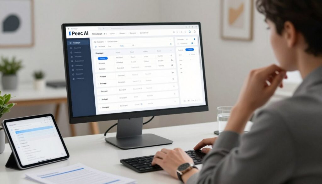 A sleek, modern digital workspace featuring the Peec AI dashboard prominently displayed on a high-resolution monitor. In the foreground, a person in professional business attire is intently analyzing data, with a thoughtful expression. The middle ground showcases a clean desk with scattered notes and a tablet displaying tagging options, representing the prompt tracking functionality. Soft, diffused lighting fills the room, enhancing the focus on the screen while creating a calm, productive atmosphere. The background includes minimalistic decor, such as a potted plant and framed abstract art, emphasizing a contemporary office environment. The mood should be polished and efficient, reflecting the theme of AI-driven prompt management and clean exports.