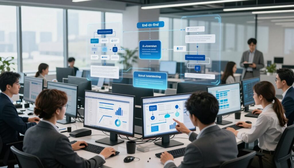 A sleek, modern office environment filled with multiple computer screens displaying animated automation workflows. In the foreground, a diverse group of professionals in business attire collaborates, pointing to charts and diagrams that illustrate the integration of automation processes. In the middle ground, floating graphical elements, like flowcharts and interconnected nodes, visualize the concept of end-to-end automation, showcasing various stages of digital marketing workflows. The background features large windows allowing natural light to flood the space, creating an airy and focused atmosphere. The overall mood is dynamic and innovative, highlighting the efficiency and possibilities of automated systems in marketing strategies, captured from a slightly elevated angle to provide depth and perspective.