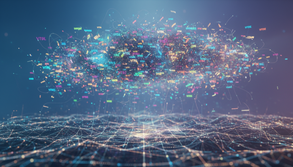 A surreal digital landscape depicting a myriad of abstract, colorful URLs floating in a cloud-like formation. In the foreground, a translucent web of interconnected links glows faintly, hinting at the chaos of misremembered data. The middle ground showcases swirling elements that represent confusion and misinformation, with faint lines connecting the URLs in a complex network. The background features a soft gradient of blues and purples, creating a dreamlike atmosphere, while soft beams of light filter through, illuminating specific URLs as if they are hallucinations. The overall mood is intriguing and enigmatic, inviting viewers to ponder the nature of these AI-generated links. The image utilizes a wide-angle lens to enhance depth and perspective, creating a visually captivating scene without any text or branding.