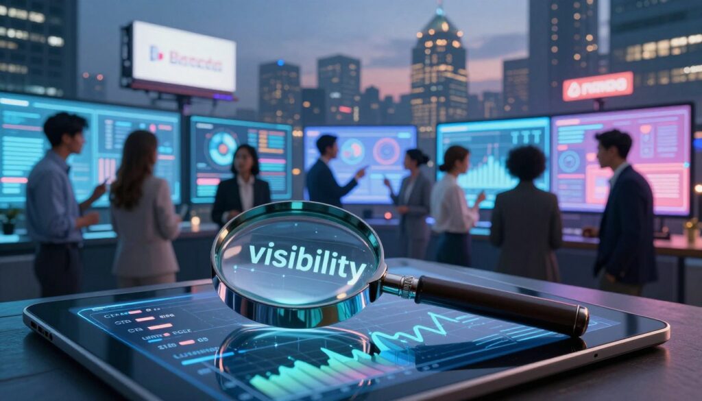 A surreal representation of "visibility" in a digital marketing landscape. In the foreground, a crystal-clear magnifying glass rests on a futuristic tablet displaying fluctuating graphs and metrics, symbolizing click-through rates (CTR) and zero-click behaviors. In the middle ground, vibrant digital screens illuminate a diverse group of marketers dressed in professional business attire, intently analyzing data, discussing strategies, and pointing at insights. The background features a dynamic city skyline at dusk, with glowing billboards showcasing various brands, representing the ever-evolving digital visibility. The lighting is a mix of soft, ambient hues from the screens, creating a focused and energized atmosphere. The angle is slightly elevated, providing a comprehensive view of the interaction between technology and marketing, emphasizing clarity and insight in their analysis.