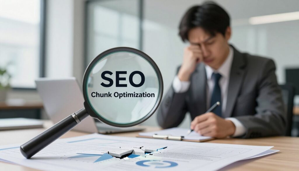 A thoughtful critique of SEO "Chunk Optimisation," illustrated through an abstract concept. In the foreground, a magnifying glass hovers over a digital analysis report filled with broken chunks of text and graphs, symbolizing the dissection of chunk optimisation. The middle ground features a business professional in smart attire, looking pensive, as they write notes on a notepad, reflecting skepticism about the advice given in the industry. The background is a blurred office environment with soft, diffused lighting, suggesting an atmosphere of contemplation and analysis. The image should express a mood of inquiry and critical thinking, with a depth of field that emphasizes the magnifying glass and the analyst, conveying the theme of critique and examination in SEO practices. A thoughtful critique of SEO "Chunk Optimisation," illustrated through an abstract concept. In the foreground, a magnifying glass hovers over a digital analysis report filled with broken chunks of text and graphs, symbolizing the dissection of chunk optimisation. The middle ground features a business professional in smart attire, looking pensive, as they write notes on a notepad, reflecting skepticism about the advice given in the industry. The background is a blurred office environment with soft, diffused lighting, suggesting an atmosphere of contemplation and analysis. The image should express a mood of inquiry and critical thinking, with a depth of field that emphasizes the magnifying glass and the analyst, conveying the theme of critique and examination in SEO practices.