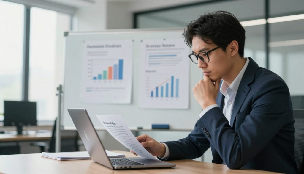 A thoughtful critique scene featuring a content engineer in a modern office environment. In the foreground, a well-dressed professional, wearing a smart blazer and glasses, is thoughtfully analyzing a report on their laptop. The middle ground shows a whiteboard filled with charts and critiques about automation in content creation, highlighting both pros and cons. The background features a sleek, minimalistic office space with large windows allowing soft natural light to illuminate the scene. The atmosphere is serious yet contemplative, evoking a sense of critical evaluation. The angle is slightly angled downwards, capturing the engineer’s focused expression while also showcasing the collaborative workspace. The overall mood conveys the complexities of automation in content engineering, emphasizing caution and thorough analysis.