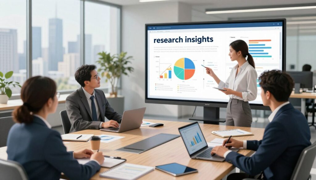A vibrant and detailed illustration of a research analysis workspace, showcasing key elements of "research insights" related to domain analysis. In the foreground, a diverse group of three professionals, dressed in business attire, converse over large, color-coded charts and graphs displayed on a state-of-the-art digital screen. The middle layer features an expansive conference table scattered with open laptops, data notebooks, and tablets, reflecting a collaborative research environment. In the background, a glass wall reveals a skyline, with natural light streaming in, creating a bright and inspiring atmosphere. Use a slightly blurred focus on the background to emphasize the professionals and their engaging discussion. The overall mood should be one of innovation, discovery, and teamwork, with soft, warm lighting to enhance the inviting feel. A vibrant and detailed illustration of a research analysis workspace, showcasing key elements of "research insights" related to domain analysis. In the foreground, a diverse group of three professionals, dressed in business attire, converse over large, color-coded charts and graphs displayed on a state-of-the-art digital screen. The middle layer features an expansive conference table scattered with open laptops, data notebooks, and tablets, reflecting a collaborative research environment. In the background, a glass wall reveals a skyline, with natural light streaming in, creating a bright and inspiring atmosphere. Use a slightly blurred focus on the background to emphasize the professionals and their engaging discussion. The overall mood should be one of innovation, discovery, and teamwork, with soft, warm lighting to enhance the inviting feel.