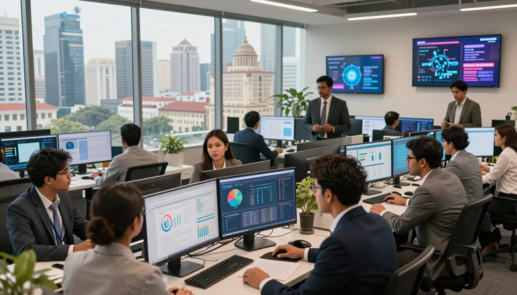 A vibrant and dynamic business landscape in India showcasing various modern communication channels. In the foreground, depict a diverse group of professionals in formal business attire engaged in discussion, analyzing digital screens displaying analytics and charts. The middle ground features a busy office space with large glass windows, overlooking a bustling city skyline, filled with iconic structures like modern skyscrapers and traditional elements. The background presents a high-tech feel with digital billboards advertising technology and finance services. Use soft, natural lighting to create a warm atmosphere, focusing on a slightly tilted perspective to add depth. The overall mood should convey collaboration, innovation, and strategic growth in the Indian business ecosystem. A vibrant and dynamic business landscape in India showcasing various modern communication channels. In the foreground, depict a diverse group of professionals in formal business attire engaged in discussion, analyzing digital screens displaying analytics and charts. The middle ground features a busy office space with large glass windows, overlooking a bustling city skyline, filled with iconic structures like modern skyscrapers and traditional elements. The background presents a high-tech feel with digital billboards advertising technology and finance services. Use soft, natural lighting to create a warm atmosphere, focusing on a slightly tilted perspective to add depth. The overall mood should convey collaboration, innovation, and strategic growth in the Indian business ecosystem.