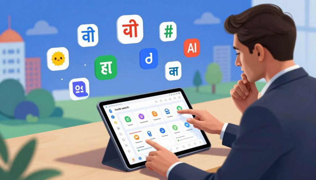 A vibrant and informative illustration depicting the concept of "mode search" in the context of Google AI. In the foreground, a professional person in business attire is interacting thoughtfully with a sleek, modern touchscreen device displaying a user interface rich with icons and options reflecting multiple languages. In the middle ground, a diverse array of language symbols, like Hindi, Tamil, and English, floats around, visually representing the supported languages. The background features a stylized digital landscape with abstract shapes and colors that evoke a sense of advanced technology and innovation. The lighting is bright and engaging, casting soft shadows to enhance depth, shot from a slightly elevated angle to create a dynamic perspective. The overall mood is optimistic and futuristic, emphasizing the accessibility of AI technology in India.