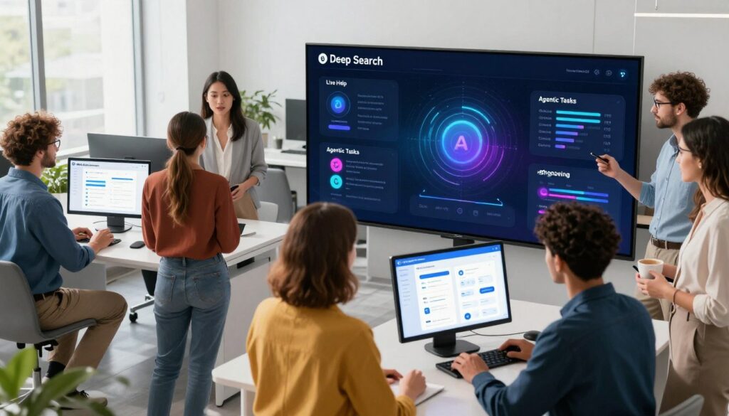 A vibrant and modern office environment with a high-tech feel. In the foreground, a diverse group of professionals in smart casual attire engages with smart devices displaying interface elements alluding to Deep Search, Live Help, Agentic Tasks, and Shopping features. The middle ground shows a sleek touchscreen display showcasing visual representations of these AI features, with glowing icons and vivid infographics. The background features large windows allowing natural light to flood the space, creating a bright and inviting atmosphere. The angle is slightly elevated, capturing both the dynamic interactions of the professionals and the innovative technology. The overall mood is energetic, insightful, and forward-looking, emphasizing collaboration and advanced AI capabilities.