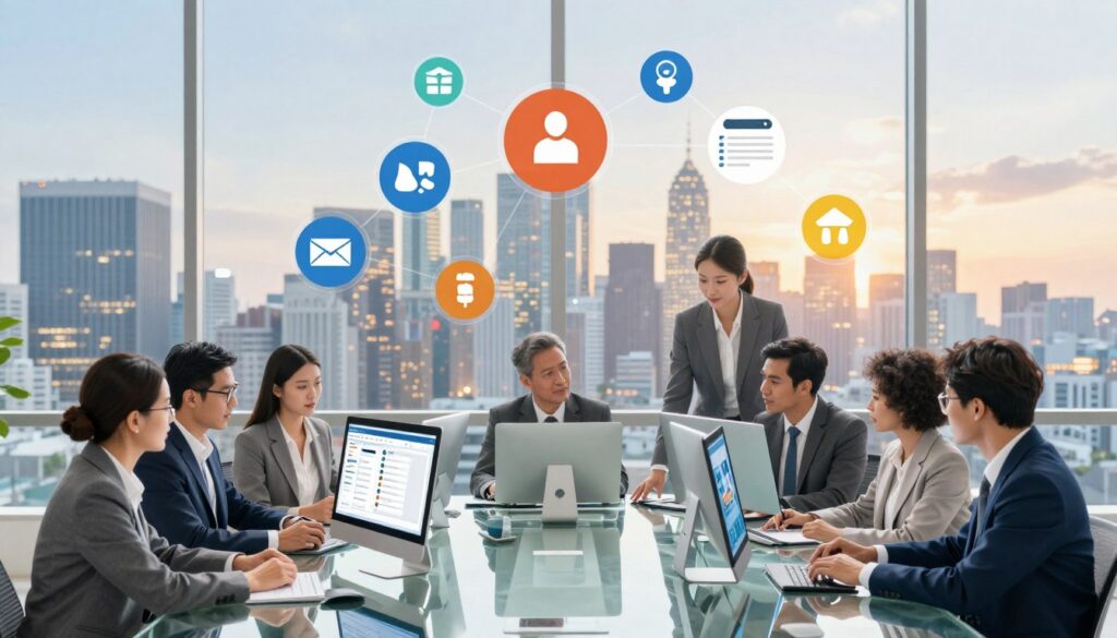 A vibrant and professional scene illustrating brand presence in a modern digital landscape. In the foreground, a diverse group of professionals in business attire collaborate at a sleek, glass conference table, engaged in discussion and reviewing digital screens. In the middle, an array of interconnected social media icons and web platforms subtly blend into the setting, symbolizing online presence and influence. The background features an illuminated city skyline, representing growth and opportunity, under a bright, optimistic sky. Soft, warm lighting enhances the atmosphere, creating a sense of collaboration and forward-thinking. Use a wide-angle lens to capture a dynamic composition, focusing on both the team and the digital elements that embody the concept of expanding brand presence beyond individual sites.