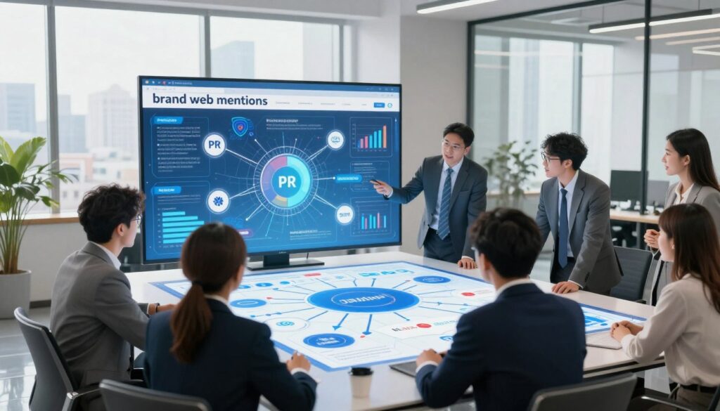 A vibrant digital composition illustrating the concept of "brand web mentions." In the foreground, a diverse group of professionals in business attire collaborate around a large, modern touchscreen table displaying interconnected web mentions, logos, and digital metrics. In the middle ground, dynamic graphics and charts symbolize PR, partnerships, and thought leadership, showcasing an expanding network of brand visibility. The background features a sleek office environment with large windows, letting in soft natural light, and a city skyline visible outside. The atmosphere conveys innovation and collaboration, highlighting the synergy of technology and brand strategy. The angle is slightly elevated, providing a clear view of both the professionals and the digital display. A vibrant digital composition illustrating the concept of "brand web mentions." In the foreground, a diverse group of professionals in business attire collaborate around a large, modern touchscreen table displaying interconnected web mentions, logos, and digital metrics. In the middle ground, dynamic graphics and charts symbolize PR, partnerships, and thought leadership, showcasing an expanding network of brand visibility. The background features a sleek office environment with large windows, letting in soft natural light, and a city skyline visible outside. The atmosphere conveys innovation and collaboration, highlighting the synergy of technology and brand strategy. The angle is slightly elevated, providing a clear view of both the professionals and the digital display.