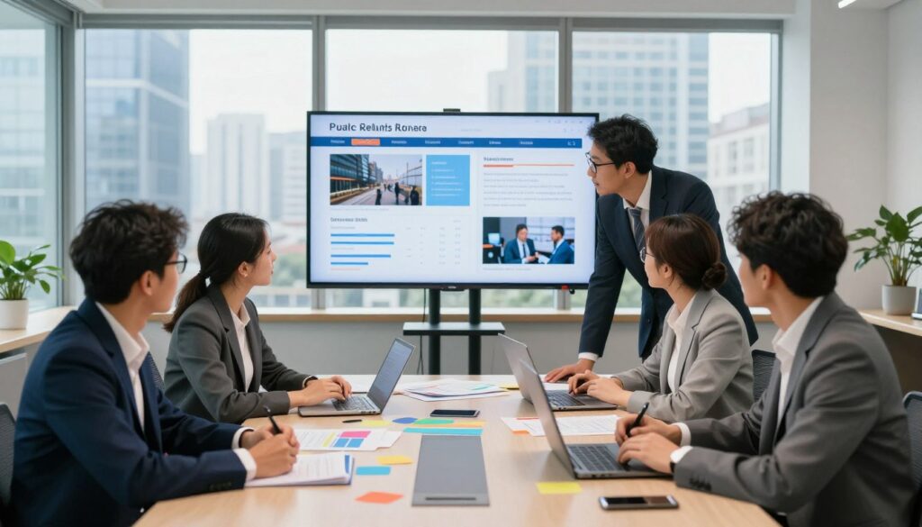 A vibrant, dynamic office environment depicting a brainstorming session focused on public relations strategies. In the foreground, a diverse group of four professionals, dressed in smart business attire, are collaborating over a large conference table strewn with colorful documents, laptops, and digital devices. The middle ground showcases a large screen displaying statistics and visuals related to high-visibility media outlets. The background features a modern cityscape visible through large windows, infusing natural light into the scene, creating a bright and optimistic atmosphere. Use a wide-angle lens to capture the spaciousness and energy of the room, while maintaining a professional and engaging mood, emphasizing focus and collaboration without any distractions.