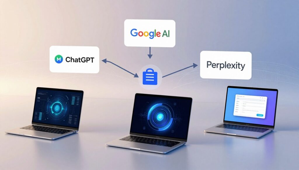 A visually compelling overview of digital platforms, illustrating the relationships between ChatGPT, Google AI, and Perplexity. In the foreground, sleek, minimalist devices like laptops and tablets displaying abstract data visualizations. In the middle ground, a stylized flowchart connecting these platforms with arrows and icons, signifying their interactions and data sources. The background features a soft gradient representing the digital landscape, with subtle patterns symbolizing algorithms and information streams. Use soft, ambient lighting to evoke a sense of innovation and exploration, captured from a slightly elevated angle to provide depth. The mood is professional and insightful, perfect for an analytical context. A visually compelling overview of digital platforms, illustrating the relationships between ChatGPT, Google AI, and Perplexity. In the foreground, sleek, minimalist devices like laptops and tablets displaying abstract data visualizations. In the middle ground, a stylized flowchart connecting these platforms with arrows and icons, signifying their interactions and data sources. The background features a soft gradient representing the digital landscape, with subtle patterns symbolizing algorithms and information streams. Use soft, ambient lighting to evoke a sense of innovation and exploration, captured from a slightly elevated angle to provide depth. The mood is professional and insightful, perfect for an analytical context.