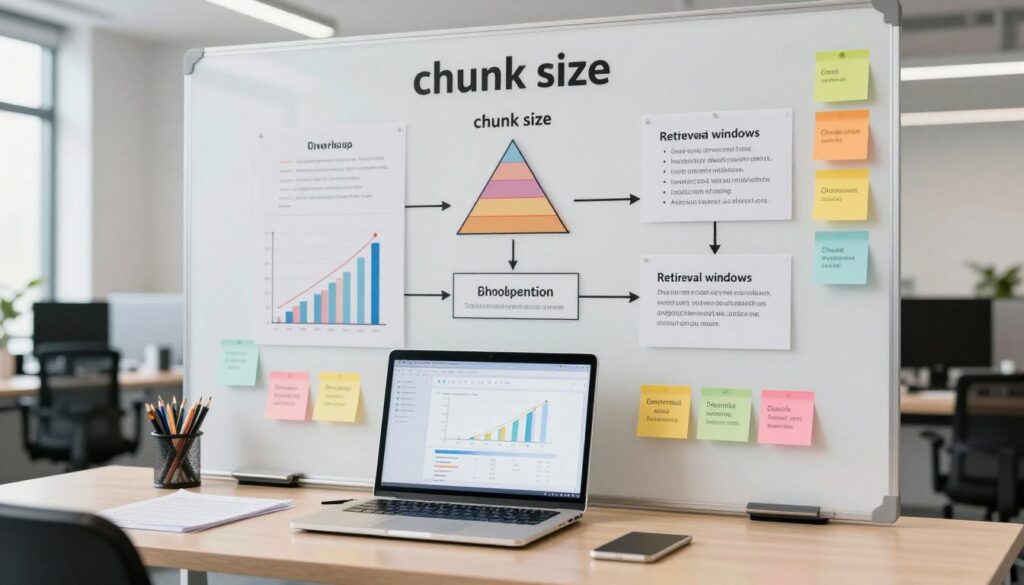 A visually engaging and informative representation of "chunk size" related to data and optimization. In the foreground, depict a well-organized workspace featuring a laptop with data visualization charts on the screen, surrounded by colorful sticky notes labeled with different chunk sizes and retrieval strategies. In the middle ground, include a large whiteboard filled with graphs and flowcharts illustrating the concepts of chunk size, overlap, and retrieval windows, clearly defined with arrows. The background should showcase a modern office environment with soft, diffused natural lighting to create a professional atmosphere. Utilize a wide-angle lens effect to capture the collaborative spirit of the workspace, while maintaining a clean and minimalistic aesthetic. The overall mood should convey a sense of clarity, analysis, and strategic thinking. A visually engaging and informative representation of "chunk size" related to data and optimization. In the foreground, depict a well-organized workspace featuring a laptop with data visualization charts on the screen, surrounded by colorful sticky notes labeled with different chunk sizes and retrieval strategies. In the middle ground, include a large whiteboard filled with graphs and flowcharts illustrating the concepts of chunk size, overlap, and retrieval windows, clearly defined with arrows. The background should showcase a modern office environment with soft, diffused natural lighting to create a professional atmosphere. Utilize a wide-angle lens effect to capture the collaborative spirit of the workspace, while maintaining a clean and minimalistic aesthetic. The overall mood should convey a sense of clarity, analysis, and strategic thinking.