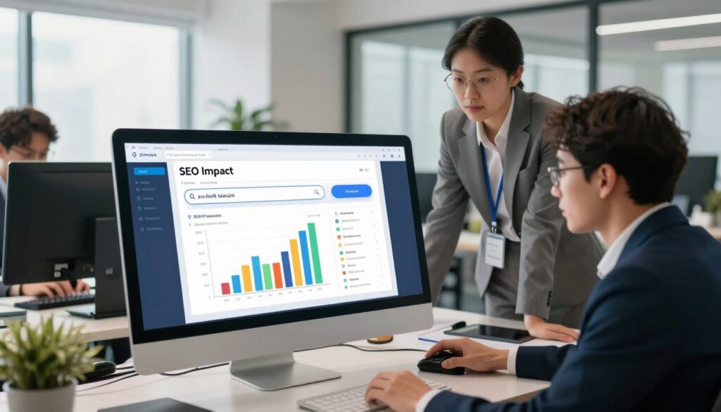 A visually engaging digital illustration depicting the concept of “SEO Impact” with a focus on clicks, zero-click searches, and SERP layout changes. In the foreground, a large computer screen displays colorful graphs and analytics data, symbolizing SEO metrics. The middle layer showcases a professional team of business analysts in business attire, deeply engaged in discussing strategies around the screen. In the background, a modern office setting is illuminated by soft, natural light coming through large windows, enhancing the atmosphere of productivity and innovation. The angle is slightly elevated, capturing both the screen and the analysts’ focused expressions. The mood should be dynamic yet professional, reflecting the ongoing evolution of search engine results and user behavior. A visually engaging digital illustration depicting the concept of “SEO Impact” with a focus on clicks, zero-click searches, and SERP layout changes. In the foreground, a large computer screen displays colorful graphs and analytics data, symbolizing SEO metrics. The middle layer showcases a professional team of business analysts in business attire, deeply engaged in discussing strategies around the screen. In the background, a modern office setting is illuminated by soft, natural light coming through large windows, enhancing the atmosphere of productivity and innovation. The angle is slightly elevated, capturing both the screen and the analysts’ focused expressions. The mood should be dynamic yet professional, reflecting the ongoing evolution of search engine results and user behavior.