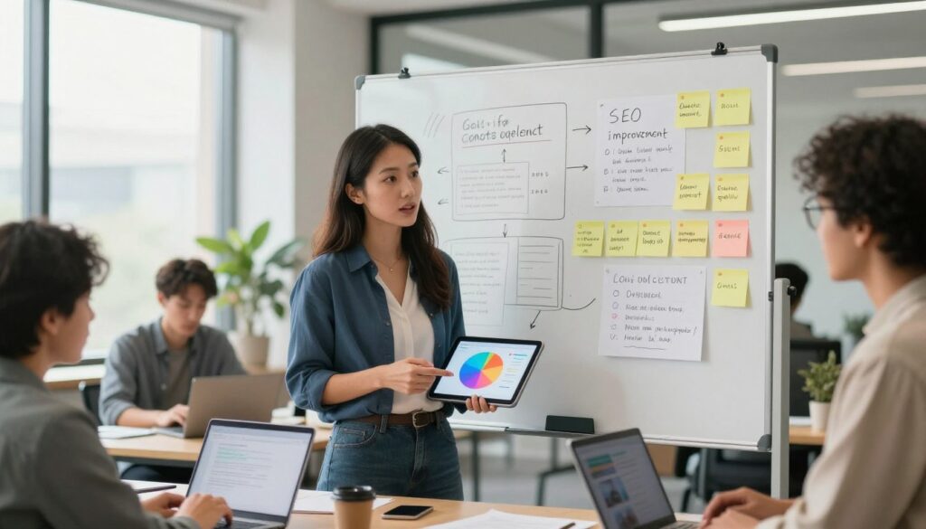A visually engaging office scene showcasing a diverse team of professionals discussing content update goals. In the foreground, a focused young woman in smart casual attire explains a colorful pie chart on a digital tablet, surrounded by notes and a laptop. In the middle, a large whiteboard displays brainstorming ideas, with sticky notes arranged in a clear, organized manner, emphasizing key objectives like "SEO improvement" and "audience engagement." In the background, soft natural light filters through large windows, illuminating the workspace, creating a motivating and collaborative atmosphere. The overall mood is productive and inspiring, reflecting teamwork and strategic planning in a modern office environment. A visually engaging office scene showcasing a diverse team of professionals discussing content update goals. In the foreground, a focused young woman in smart casual attire explains a colorful pie chart on a digital tablet, surrounded by notes and a laptop. In the middle, a large whiteboard displays brainstorming ideas, with sticky notes arranged in a clear, organized manner, emphasizing key objectives like "SEO improvement" and "audience engagement." In the background, soft natural light filters through large windows, illuminating the workspace, creating a motivating and collaborative atmosphere. The overall mood is productive and inspiring, reflecting teamwork and strategic planning in a modern office environment.
