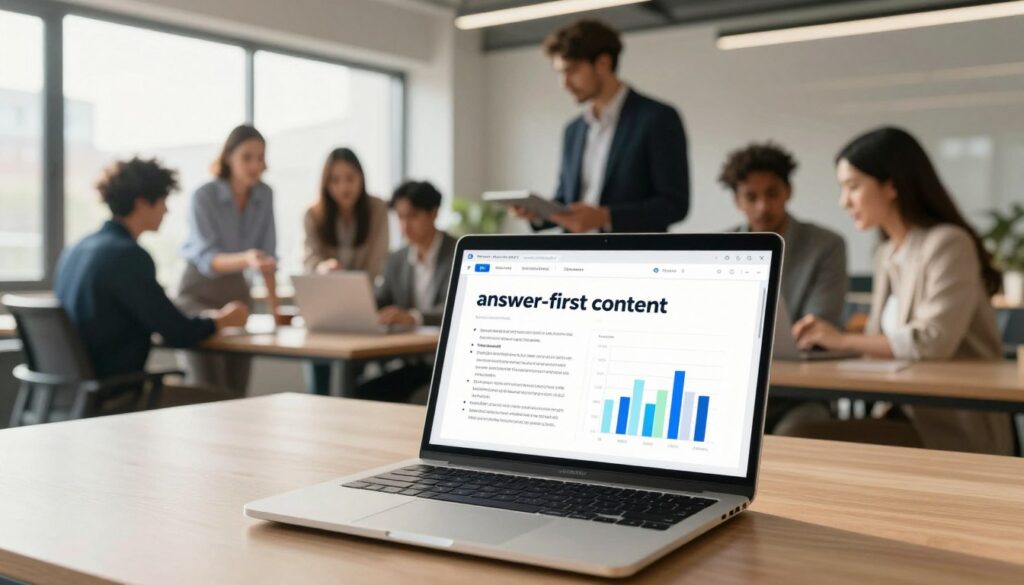 A visually engaging representation of "answer-first content" in a modern digital workspace. Foreground features a sleek laptop with an open document displaying organized bullet points and visually appealing charts, symbolizing clarity and structure. In the middle ground, a diverse group of professionals in business attire collaborates thoughtfully, discussing data and strategies, showcasing a vibrant teamwork atmosphere. The background reveals a minimalist office space with large windows letting in warm, natural light, creating an inviting and productive ambiance. The overall mood is dynamic and focused, emphasizing the importance of efficient content formatting to thrive in AI-powered search. Use a wide-angle lens to enhance the scene’s depth and clarity.