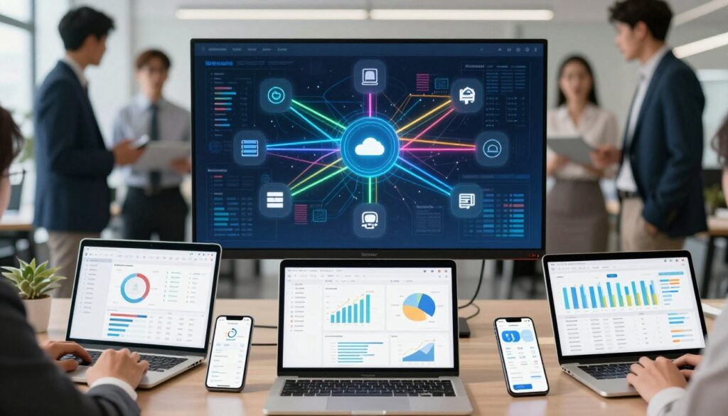 A visually engaging scene illustrating diverse data sources. In the foreground, an array of digital devices including laptops, tablets, and smartphones displaying analytics dashboards and chart visuals, showing complex data flows. In the middle layer, a large screen presents a web of interconnected data streams, with vibrant lines connecting various icons representing different data sources like databases, APIs, and cloud storage. The background features a softly blurred office environment with professionals in business attire, discussing and analyzing the displayed data. The lighting is bright and focused, highlighting the screens while casting gentle shadows. The atmosphere is dynamic and insightful, emphasizing the importance of data interactivity and collaboration.