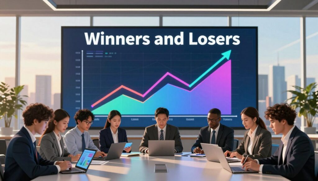 A visually striking illustration representing "Winners and Losers" in the digital landscape after the September shift. In the foreground, a diverse group of professionals in business attire, thoughtfully analyzing charts and data on tablets and laptops, symbolizing insight and decision-making. The middle ground features a large digital screen displaying upward and downward trending graphs, with vibrant colors indicating domains that gained and lost visibility. The background is a sleek, modern office environment with a panoramic city skyline visible through large windows, bathed in warm afternoon light for an optimistic atmosphere. The overall mood should convey determination and clarity, highlighting the importance of the digital shift in domain success. A visually striking illustration representing "Winners and Losers" in the digital landscape after the September shift. In the foreground, a diverse group of professionals in business attire, thoughtfully analyzing charts and data on tablets and laptops, symbolizing insight and decision-making. The middle ground features a large digital screen displaying upward and downward trending graphs, with vibrant colors indicating domains that gained and lost visibility. The background is a sleek, modern office environment with a panoramic city skyline visible through large windows, bathed in warm afternoon light for an optimistic atmosphere. The overall mood should convey determination and clarity, highlighting the importance of the digital shift in domain success.