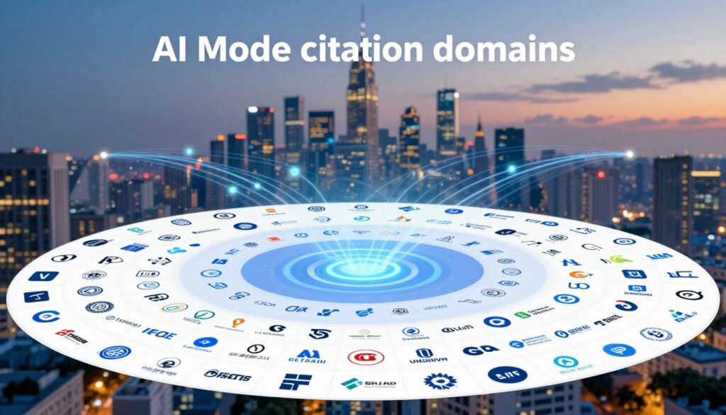 A visually striking infographic design depicting "AI Mode citation domains," featuring an intricate collage of the top 100 most cited domains. In the foreground, a vibrant array of domain logos and symbols neatly organized in a circular layout, highlighting their significance in AI research. The middle layer showcases interconnected lines and light paths representing data flow and citation relationships among these domains. The background features a soft-focus city skyline at dusk, with warm, ambient lighting that creates a futuristic atmosphere. Incorporate a clear, appealing color palette emphasizing blues and whites. The overall mood should be professional and informative, capturing the essence of innovation in the AI field. No text or logos should detract from the visual impact.