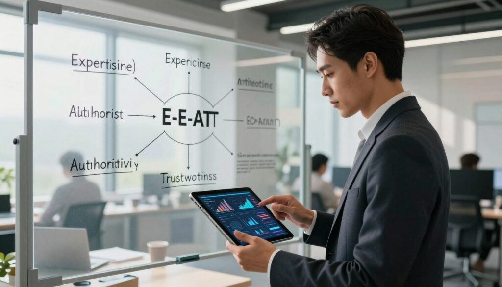 A visually striking representation of a brand profile concept, featuring a sleek, modern workspace. In the foreground, a confident business professional, wearing smart business attire, reviews a digital tablet displaying dynamic data graphs and AI insights. The middle ground includes a large glass whiteboard filled with strategic branding keywords and diagrammatic connections, emphasizing E-E-A-T (Experience, Expertise, Authoritativeness, Trustworthiness) signals. In the background, large windows allow natural light to flood the space, casting soft shadows and creating an inviting atmosphere. The overall mood is one of professionalism and innovation, hinting at a future driven by AI technology. The angle is slightly elevated, capturing both the individual and the collaborative environment, ensuring a dynamic perspective.