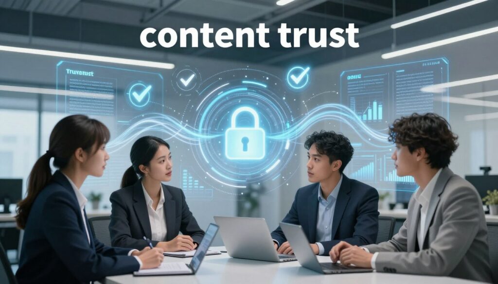 A visually striking representation of "content trust" in the context of AI-driven SEO. In the foreground, a diverse group of three professionals—one male and two female, all in smart business attire—are engaged in a collaborative discussion around a futuristic digital interface displaying analytics and content metrics. In the middle ground, abstract representations of trustworthy content, like glowing checkmarks and secure padlocks, intertwine with flowing lines of data. The background features a sleek, modern office environment, bathed in cool blue and white lighting, suggesting a focus on technology and innovation. The mood is one of productivity and confidence, showcasing the importance of integrity in AI-generated content with a clean and polished aesthetic. Capture this scene with a wide-angle lens for depth and detail. A visually striking representation of "content trust" in the context of AI-driven SEO. In the foreground, a diverse group of three professionals—one male and two female, all in smart business attire—are engaged in a collaborative discussion around a futuristic digital interface displaying analytics and content metrics. In the middle ground, abstract representations of trustworthy content, like glowing checkmarks and secure padlocks, intertwine with flowing lines of data. The background features a sleek, modern office environment, bathed in cool blue and white lighting, suggesting a focus on technology and innovation. The mood is one of productivity and confidence, showcasing the importance of integrity in AI-generated content with a clean and polished aesthetic. Capture this scene with a wide-angle lens for depth and detail.
