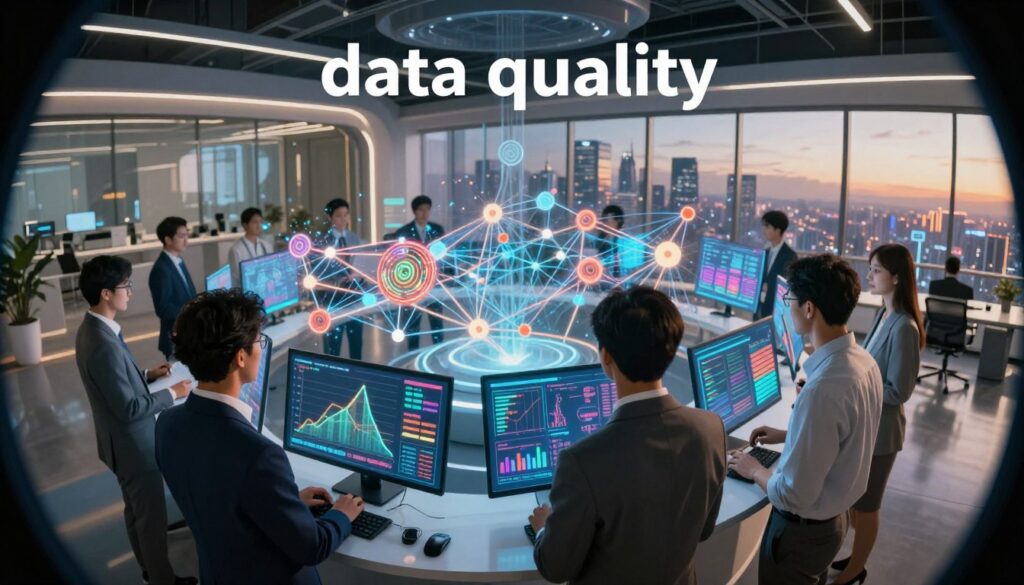 A visually striking representation of "data quality" in a modern, digital environment. In the foreground, a diverse group of professionals in business attire—two men and a woman—are intensely analyzing colorful data charts displayed on holographic screens. The middle layer features a vibrant array of glowing data nodes and interconnected lines symbolizing complex data networks, showcasing the intricacies of data quality management. In the background, a sleek, high-tech office space with large windows revealing a futuristic cityscape, softly illuminated by twilight. The lighting is warm, creating an atmosphere of focus and collaboration. The composition uses a slight fish-eye lens effect to enhance the depth, emphasizing the connection between the professionals and the data they are examining, conveying a sense of urgency and importance in addressing data quality issues and attribution blind spots. A visually striking representation of "data quality" in a modern, digital environment. In the foreground, a diverse group of professionals in business attire—two men and a woman—are intensely analyzing colorful data charts displayed on holographic screens. The middle layer features a vibrant array of glowing data nodes and interconnected lines symbolizing complex data networks, showcasing the intricacies of data quality management. In the background, a sleek, high-tech office space with large windows revealing a futuristic cityscape, softly illuminated by twilight. The lighting is warm, creating an atmosphere of focus and collaboration. The composition uses a slight fish-eye lens effect to enhance the depth, emphasizing the connection between the professionals and the data they are examining, conveying a sense of urgency and importance in addressing data quality issues and attribution blind spots.