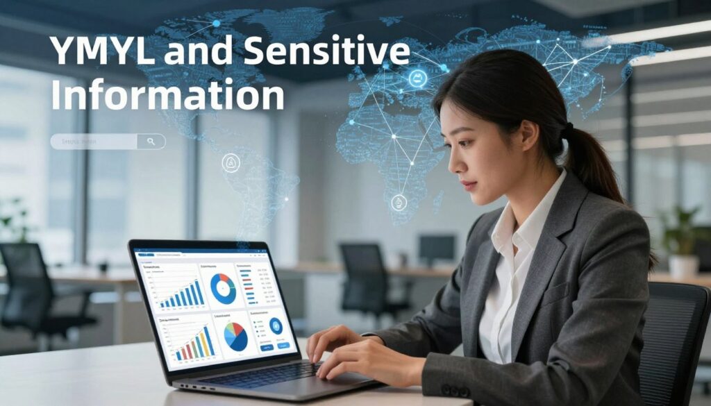 A vivid illustration representing "YMYL and Sensitive Information" in a professional context. Foreground: a confident businessperson, dressed in smart business attire, examining a digital dashboard filled with various analytical graphs and YMYL metrics on a laptop. Middle: a blurred glimpse of a modern office interior with sleek furniture and large windows letting in natural light. Background: an abstract depiction of the internet landscape, showing interconnected nodes symbolizing data flow and the complexities of AI algorithms affecting search engine results. Utilize soft lighting to create a focused atmosphere, highlighting the serious nature of sensitive information. Capture the essence of professionalism and caution associated with high-trigger topics, ensuring a clear and engaging visual representation. A vivid illustration representing "YMYL and Sensitive Information" in a professional context. Foreground: a confident businessperson, dressed in smart business attire, examining a digital dashboard filled with various analytical graphs and YMYL metrics on a laptop. Middle: a blurred glimpse of a modern office interior with sleek furniture and large windows letting in natural light. Background: an abstract depiction of the internet landscape, showing interconnected nodes symbolizing data flow and the complexities of AI algorithms affecting search engine results. Utilize soft lighting to create a focused atmosphere, highlighting the serious nature of sensitive information. Capture the essence of professionalism and caution associated with high-trigger topics, ensuring a clear and engaging visual representation.