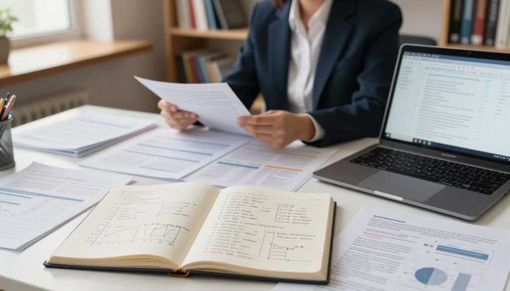 A well-organized study design page on a desk filled with research materials. The foreground features an open notebook with handwritten notes, graphs, and charts detailing the analysis of 750 prompts and 26,283 source URLs, arranged neatly beside a laptop displaying a data visualization screen. In the middle ground, a researcher in professional business attire analyzes printed articles and reference materials, surrounded by a lighted workspace with a warm atmosphere. The background shows a bookshelf filled with academic journals and research books, softly illuminated by natural light from a nearby window. The overall mood is focused and analytical, evoking a sense of diligent academic pursuit. A well-organized study design page on a desk filled with research materials. The foreground features an open notebook with handwritten notes, graphs, and charts detailing the analysis of 750 prompts and 26,283 source URLs, arranged neatly beside a laptop displaying a data visualization screen. In the middle ground, a researcher in professional business attire analyzes printed articles and reference materials, surrounded by a lighted workspace with a warm atmosphere. The background shows a bookshelf filled with academic journals and research books, softly illuminated by natural light from a nearby window. The overall mood is focused and analytical, evoking a sense of diligent academic pursuit.